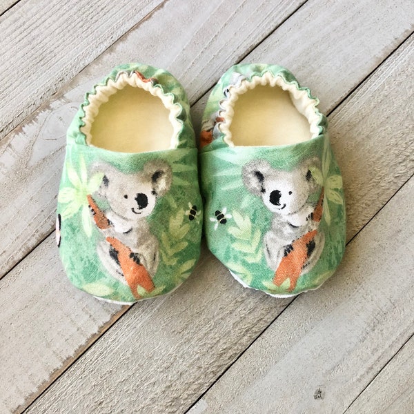 Koala Crib Shoes, Baby Shoes, Toddler Shoes, Moccasins, Baby Booties, Baby Slippers, Fabric Shoes, Stay On Shoes