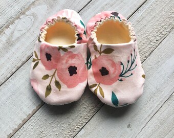 Pink Floral Baby Moccasins, Boho Fabric Shoes, Soft Sole Booties
