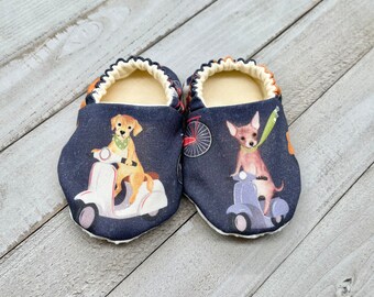 Dog on Scooter Baby Shoes, Soft Sole Crib Moccasins