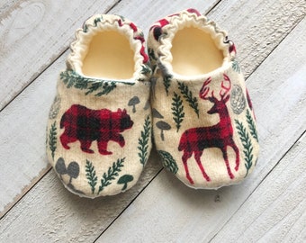 Woodland Animals Plaid Baby Moccasins, Soft Sole Crib Shoes