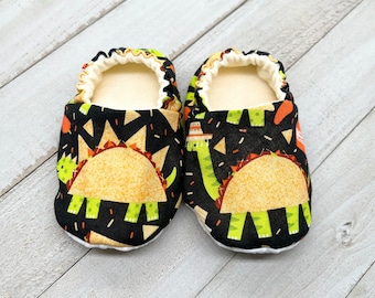 Taco Dinosaur Baby Booties, Crib Shoes, Baby Shoes, Baby Moccasins, Baby Slippers, Stay on Shoes