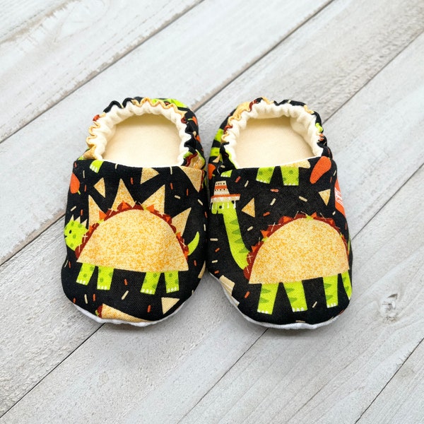 Taco Dinosaur Baby Booties, Crib Shoes, Baby Shoes, Baby Moccasins, Baby Slippers, Stay on Shoes