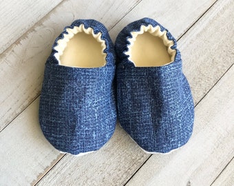 Navy Baby Moccasins, Crib Shoes, Baby Shoes, Toddler Shoes, Baby Booties, Baby Slippers, Fabric Shoes, Stay On Shoes