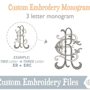 Monograma de 3 letras - Complemento de 1 letra, configuração de monograma de bordado personalizado, feito sob encomenda