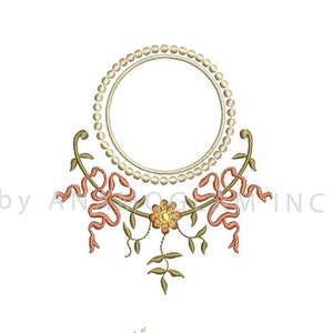 Ornate Floral Monogram Frame with Bow and Dots Embroidery Design/ Pattern for Instant Download