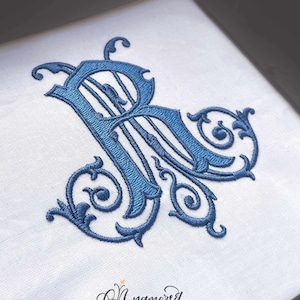 May include: A blue embroidered monogram of the letter "R" with decorative flourishes. The monogram is on a white fabric background.