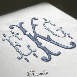 May include: A monogram of the letter "K" in a decorative script font, embroidered in blue and light blue thread on a white fabric background.