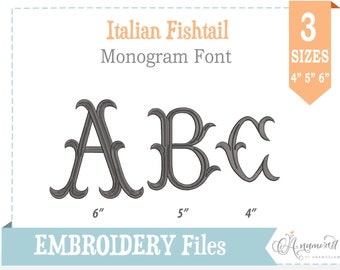 3 sizes (Large) Italian Fishtail  Machine Embroidery Font Monogram Alphabet - 4", 5" & 6" inch, BX font