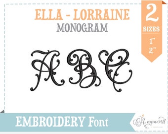 2 sizes (Small) Ella Lorraine Vintage Damask Monogram,  Machine Embroidery Font Monogram Alphabet - 1" & 2" inch