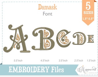 5 sizes Damask Machine Embroidery Font Monogram Alphabet - 4 Sizes 1.5", 2.5", 3.5", 4.5", 5.5"