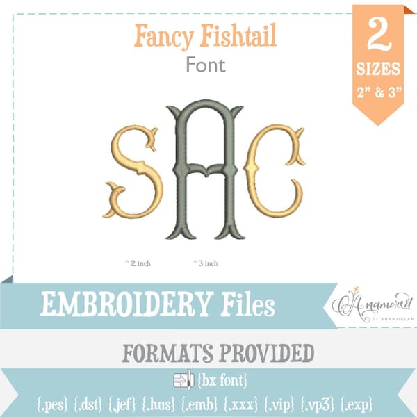 2" & 3" Fancy Fishtail Embroidery Alphabet for Embroidery Machines / Fishtail Embroidery Font / BX files  Fish tail font