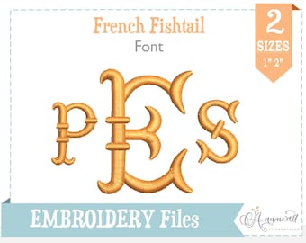 2 sizes Small French Fishtail  Machine Embroidery Font Monogram Alphabet -  1" & 2" inch