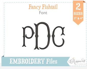 3" and 4", Fancy Fishtail Machine Embroidery Font and Monogram, 26 letters, uppercase