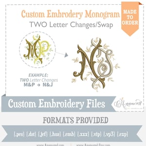 2 Letter Changes - Custom Embroidery Monogram Setup -Digital Embroidery File - Made To Order