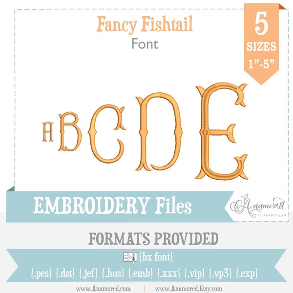 5 sizes (Best Deal) Fancy Fishtail Embroidery Alphabet/ Files for Embroidery Machines / Sizes 1, 2, 3, 4 and 5 inch, BX fonts