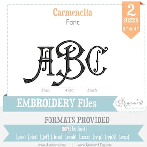 2 sizes Carmencita Machine Embroidery Font Monogram Alphabet - Sizes 3&quot;, 4&quot;