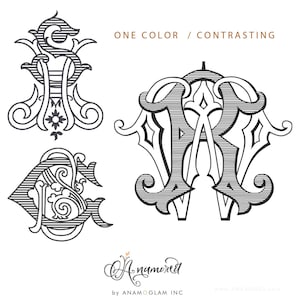 May include: Three black and white monogram designs with a striped pattern. The designs feature the letters "S H", "R K" and "S C". The text "ONE COLOR / CONTRASTING" is at the top of the image. The text "Anamored by ANAMOOGLAM INC" is at the bottom of the image.