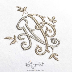 May include: A monogram embroidery design featuring the letters "R" and "P" in a decorative script font. The letters are intertwined and surrounded by floral embellishments. The design is in a light beige color and is embroidered on a white fabric.