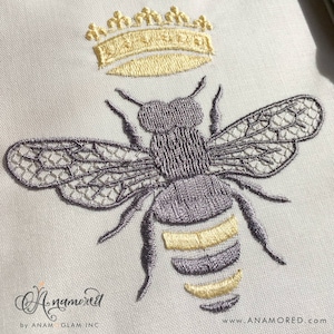 2 color Queen Bee with Crown Motif Embroidery Design. Instant Download for Embroidery Machine in 3 sizes.