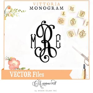 Może przedstawiać: Czarno-biały monogram z literami M, R i E. Monogram jest w stylu pisma odręcznego i otoczony białym tłem. Tekst "VITTORIA MONOGARM" znajduje się w górnej części obrazu. Tekst "VECTOR Files" znajduje się w dolnej części obrazu. Tekst "Anamored by ANAMOGLAM INC" znajduje się w dolnej części obrazu.