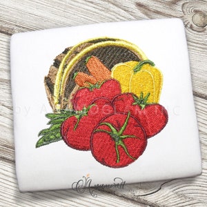 Fall Harvest Basket of Vegetables (Tomatoes, Carrots, Bell Peppers) Embroidery Design/ Instant Download for Embroidery Machines