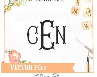 May include: A digital design featuring a black monogram with the letters C, E, and N in a fancy fishtail font. The design includes the text "Fancy Fishtail Monogram" and "Vector Files". Decorative floral elements and letter blocks are also present.