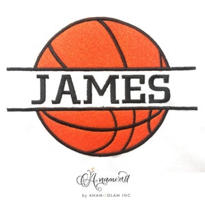 May include: A split monogram design featuring a basketball with the name "JAMES" in black text on a white banner.