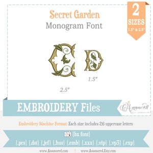 2 sizes (Small) Secret Garden Embroidery Monogram Font for Embroidery Machines,  BX Files/Font, 1.5 & 2.5 inch