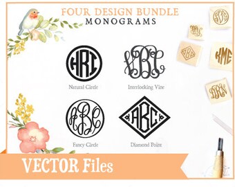 4 Design Font Bundle Monogram VECTOR Alphabet/Font: Design/ SVG Fonts, Circle Monogram, Vine Monogram Fancy Monogram Diamond Monogram