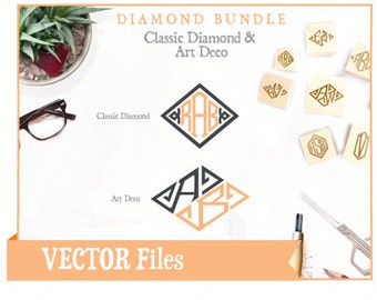 Diamond Monogram Bundle - 2 design sets, Classi Diamond Monogram & Art Deco Diamond Monogram VECTOR Alphabet/Font: Design/ Instant Download