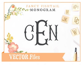 Fancy Fishtail Monogram Files VECTOR Alphabet/Font: Design/ Instant Download Files; .eps .pdf .svg .dxf .emf Cuttable Font