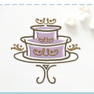 Puede incluir: Diseño de bordado de un pastel morado y marrón con remolinos en cada capa. El diseño está disponible en cuatro tamaños: 4x4, 5x7 y 6x10 pulgadas. Los formatos de archivo proporcionados son: .pes, .dst, .jef, .hus, .art, .xxx, .vip, .vp3, .sew y .exp.