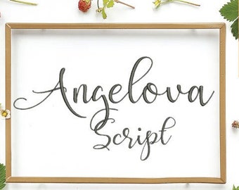 May include: A gold frame with the text "Angelova Script" in a cursive font. The text is surrounded by small white flowers and red berries. The text "EMBROIDERY Files" is at the bottom of the image. The text "4 SIZES small .5"-2" is in the upper right corner of the image.