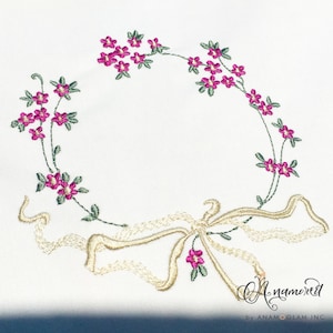 Ornate Floral Monogram Frame with Bow Embroidery Design/ Pattern for Instant Download