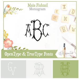 Op de afbeelding: Een digitaal grafisch ontwerp met een zwart monogram van de letters "ABC" in een fishtail-stijl. Het ontwerp bevat de tekst "Maia Fishtail Monogram" en "OpenType & TrueType Fonts". Extra elementen zijn bloemaccenten en letterstempels.