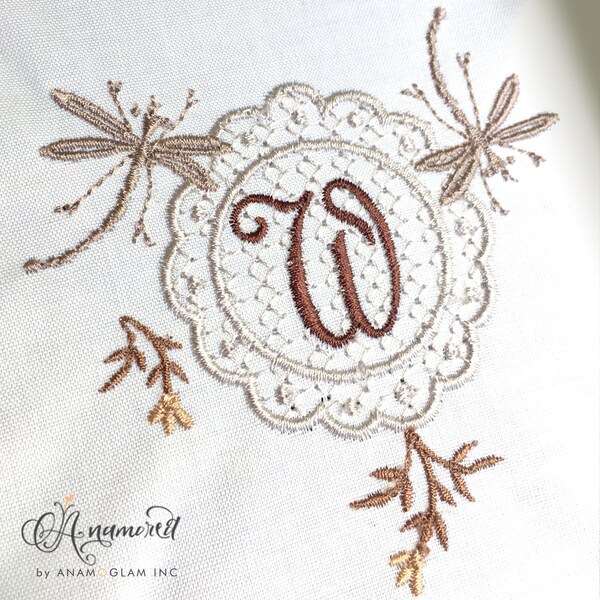 Dragonfly Motif Circular Monogram Frame Embroidery Design Pattern for Embroidery Machine