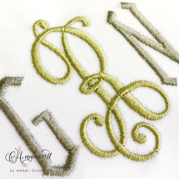 Vittoria Embroidery Monogram Font- 26 letters for center and side - 4 Sizes 3" 4" 5" and 6", bx font