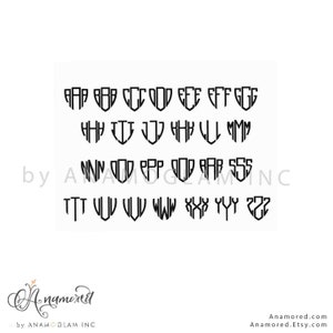 May include: A black and white image showing a font style for the letters A through Z. The font is a blocky, bold style with a sharp, angular look. The letters are arranged in rows, with each letter repeated three times.