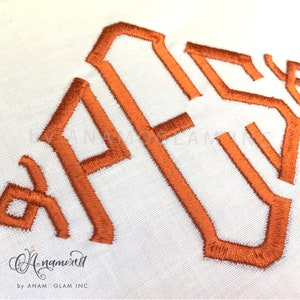 Könnte beinhalten: Orangefarbene gestickte Buchstaben "APEX" auf einem weißen Stoffhintergrund.