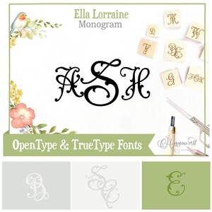 Op de afbeelding: Een zwart-wit monogramontwerp met de letters ASH in een decoratief handschrift. De afbeelding toont ook een set houten stempels met verschillende letters en een kleine vogelillustratie. De tekst "Ella Lorraine Monogram" en "OpenType & TrueType Fonts" is ook in de afbeelding opgenomen.