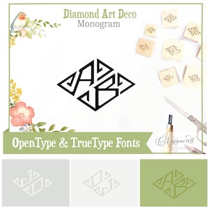 Op de afbeelding: Een zwart-wit monogram in art deco-stijl. Het monogram heeft de vorm van een diamant en bevat de letters "AB". De afbeelding bevat ook een aantal houten stempels met hetzelfde monogram-ontwerp. De tekst "Diamond Art Deco Monogram" en "OpenType & TrueType Fonts" is ook in de afbeelding opgenomen.