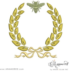 Laurel with Bee and Bow/Ribbon Monogram Embroidery Design for Embroidery Machine | Instant Download