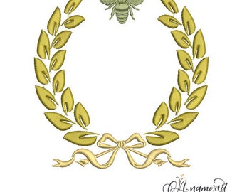 Laurel with Bee and Bow/Ribbon Monogram Embroidery Design for Embroidery Machine | Instant Download