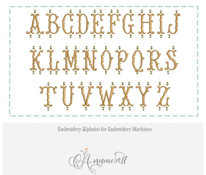May include: A gold alphabet embroidery design for embroidery machines. The letters are in a decorative, vintage style with ornate details. The letters are A-Z.