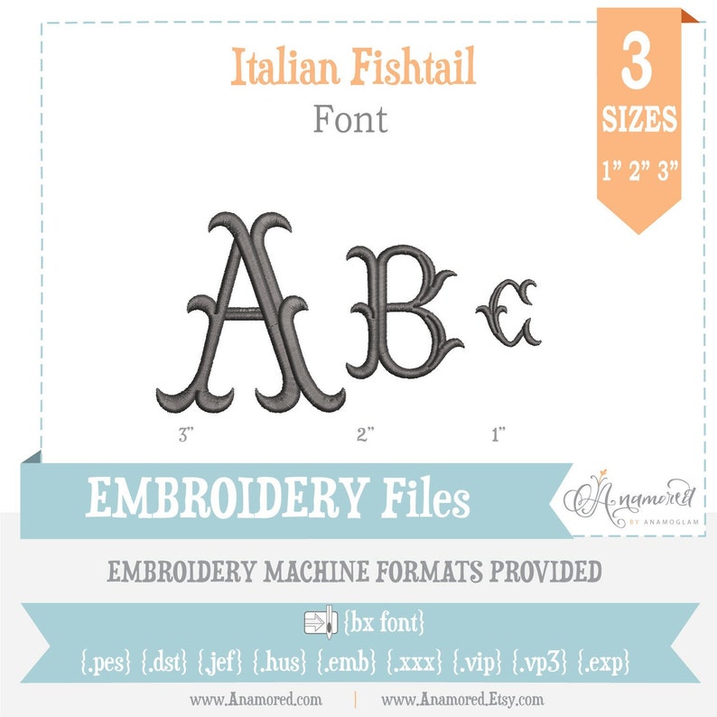 3 sizes Small Italian Fishtail Machine Embroidery Font Monogram Alphabet 1, 2 & 3 inch, BX font image 2