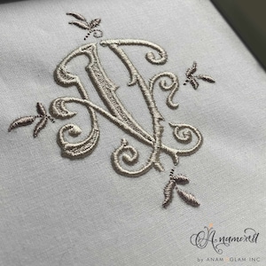 Puede incluir: Un diseño de bordado de monograma con las letras "NR" en una fuente de escritura decorativa. Las letras están rodeadas de motivos florales estilizados en un color marrón claro.