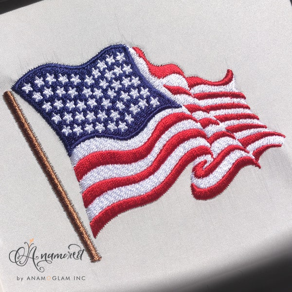 Waving USA American Flag with Pole - Embroidery Design Pattern for Instant Download