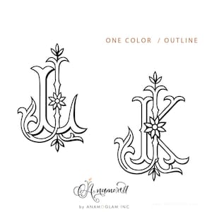 May include: Black and white outline illustration of the letters L and K intertwined with floral designs. The letters are in a decorative, stylized font. The text "ONE COLOR / OUTLINE" appears above the letters.