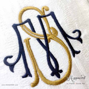 May include: A monogram with the letters "RB" in a script font. The "R" is in gold thread and the "B" is in navy blue thread. The letters are intertwined and the design is on a white background.