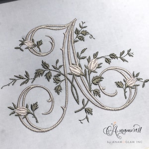 May include: A silver embroidered letter A with a floral design. The letter is surrounded by delicate vines and white flowers with green leaves.